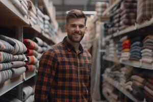 ai gerado amigáveis masculino fazer compras proprietário dentro tecido loja. foto