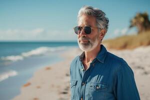 ai gerado retrato do Senior homem com oculos de sol em a de praia às ensolarado dia. foto