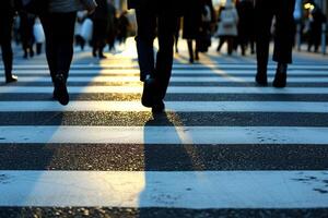 ai gerado fechar acima do caminhando pessoas em pedestre cruzando dentro cidade às noite. foto