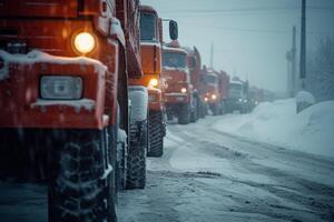 ai gerado caminhões em a estrada dentro pesado queda de neve. foto