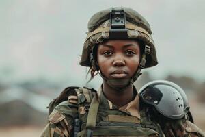ai gerado fêmea soldado dentro combate uniforme em pé alerta com ai gerado. foto