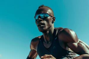 ai gerado atleta corrida em de praia às nascer do sol com ai gerado. foto