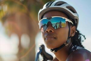 ai gerado Atlético mulher preparando para de praia corre com ai gerado. foto