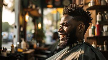 ai gerado alegre africano homem desfrutando aliciamento sessão às uma barbeiro fazer compras. foto
