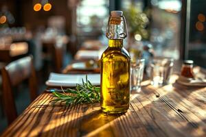 ai gerado uma vidro garrafa do Oliva óleo com fresco alecrim em uma rústico de madeira restaurante mesa, calorosamente aceso. foto