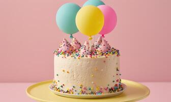 ai gerado uma aniversário bolo com colorida balões em topo foto