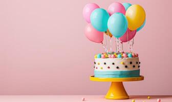 ai gerado uma aniversário bolo com colorida balões em topo foto