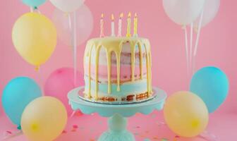 ai gerado uma colorida aniversário bolo em Rosa fundo com balões foto