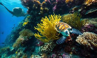 ai gerado tropical mar embaixo da agua peixes em coral recife foto