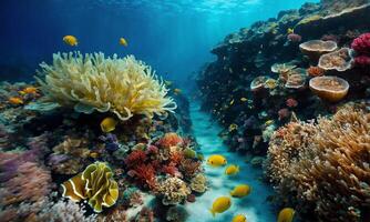 ai gerado tropical mar embaixo da agua peixes em coral recife foto