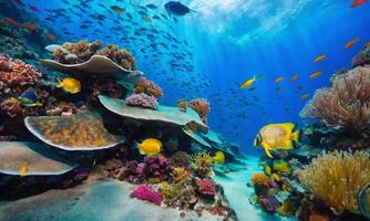 ai gerado embaixo da agua cena com recife e tropical peixe, surpreendente natureza foto