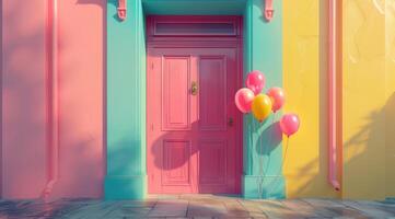 ai gerado bonita Rosa porta com de várias colorida balões foto