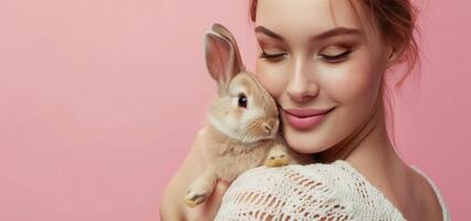 ai gerado uma mulher segurando uma Coelho Coelho em Rosa fundo foto