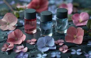 ai gerado 3 diferente pequeno garrafas do perfumes em uma Preto superfície foto