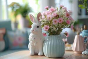 ai gerado uma mesa com Rosa flores é sentado em a mesa foto