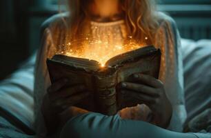 ai gerado uma pessoa segurando uma livro com a luz brilhando através isto foto