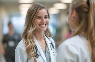 ai gerado fêmea médico aluna é sorridente às dela enfermeira Como ela faz uma corre foto