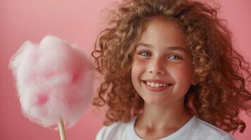 ai gerado garota, 10 anos velho, carrinhos sorridente e olhando às a Câmera, segurando uma ampla Rosa algodão doce dentro dela mão foto