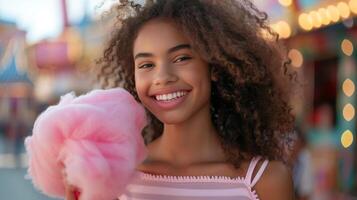 ai gerado uma lindo garota, carrinhos sorridente e olhando às a Câmera, segurando uma ampla Rosa algodão doce dentro dela mão. foto