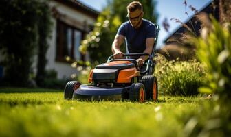 ai gerado homem roçada gramado dentro frente jardim com gramado cortador de grama foto