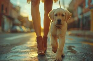 ai gerado mulher caminhando dela amarelo labrador cachorro dentro cidade foto