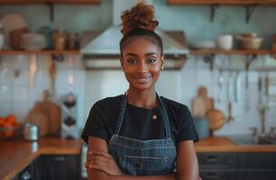 ai gerado uma lindo mulher chefe de cozinha dentro a cozinha com dela braços cruzado foto