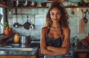 ai gerado uma lindo mulher chefe de cozinha dentro a cozinha com dela braços cruzado foto