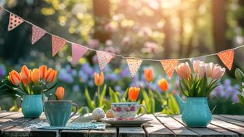 ai gerado uma festivo Páscoa jardim festa contexto, com alegre bandeira, guloseima xícaras de chá foto