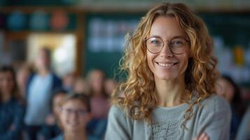 ai gerado uma alegre professor, cercado de ansioso alunos, desgasta uma brilhante sorriso, inspirador uma amor para Aprendendo dentro outras foto