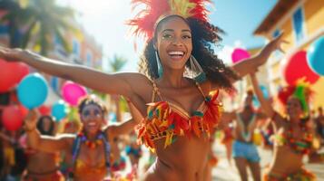 ai gerado uma jubiloso rua parada contexto, preenchidas com colorida flutua, animado música, e exuberante dançarino foto