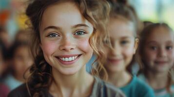 ai gerado uma alegre professor, cercado de ansioso alunos, desgasta uma brilhante sorriso, inspirador uma amor para Aprendendo dentro outras foto