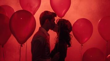 ai gerado uma homem e uma mulher se beijando, com Rosa balões dentro seus braços foto