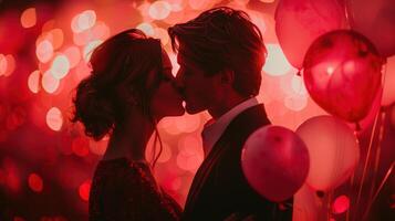 ai gerado uma homem e uma mulher se beijando, com Rosa balões dentro seus braços foto