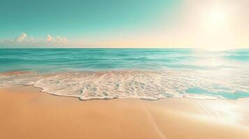 ai gerado uma tranquilo de praia adornado com dourado areia e azul águas, abraçado de a caloroso brilho do a Sol foto