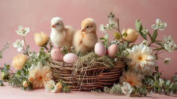 ai gerado uma caprichoso Páscoa cesta mostrar, preenchidas com pastel ovos, fofo filhotes foto