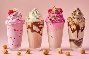 ai gerado quatro sobremesas Incluindo risadinhas gelo creme e milkshake foto