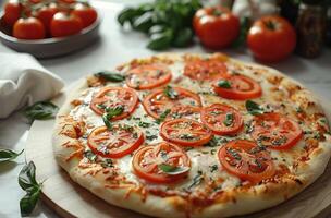 ai gerado pizza em a mesa com tomate em uma cinzento fundo foto