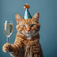 ai gerado comemorativo gato com champanhe vidro e festa chapéu foto