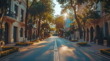 ai gerado ensolarado urbano rua com moderno casas e paisagismo. foto