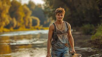 ai gerado uma jovem homem anda em dentro jeans calção e uma sem mangas camiseta com uma metal balde e pescaria Cajado perto a rio foto