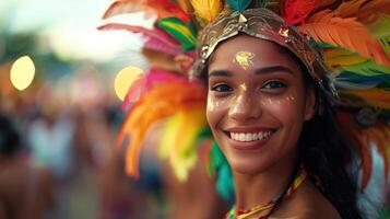 ai gerado lindo jovem mulher às a carnaval dentro rio de janeiro com ampla copyspace área, Fora do centro composição foto