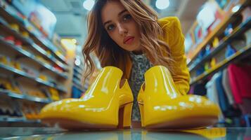 ai gerado lindo jovem mulher tentando em brilhante amarelo sapatos dentro uma loja foto