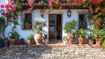 ai gerado buganvílias plantas dentro uma argila Panela carrinhos em a terraço do uma clássico rústico espanhol casa foto