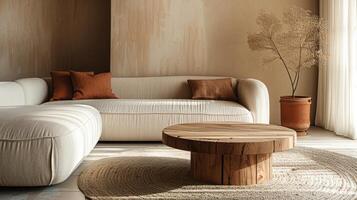 ai gerado uma fechar-se do uma minimalista vivo quarto com uma de madeira café mesa Próximo para uma sofá foto