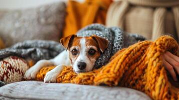 ai gerado uma pessoa dentro casual roupas abraços com seus peludo amigo em uma confortável sofá, cercado de animal brinquedos e cobertores foto