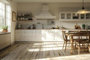 ai gerado uma branco cozinha e jantar quarto com de madeira pavimentos e de madeira cadeiras foto