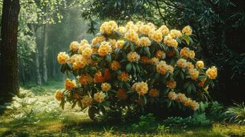 ai gerado lindo brilhante fundo do uma verão jardim com uma floração amarelo rododendro arbusto foto