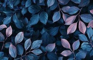 ai gerado Preto e azul folhas em uma Preto fundo, dentro a estilo do luz marrom e Sombrio esmeralda foto