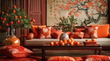 ai gerado dentro uma festivo vivo sala, uma café mesa adornado com tangerinas e almofadas em a chão conjuntos a cena para uma chinês Novo ano foto