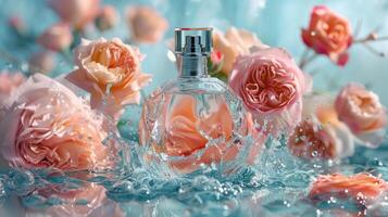 ai gerado perfume garrafa fez do vidro conjunto contra uma pano de fundo do rosa água. apresentando uma floral arranjo com uma água respingo foto